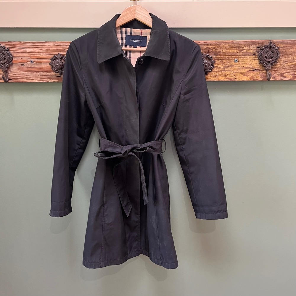 Burberry Black Single Breasted Nylon Blend Belted Trench Car Coat Sz M Y2k